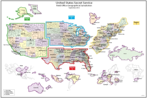 Eine Poster-Karte der Standorte des United States Secret Service mit nummerierten Regionen in blauen, grünen und gelben Tönen und schwarzen fetten Textlabels.