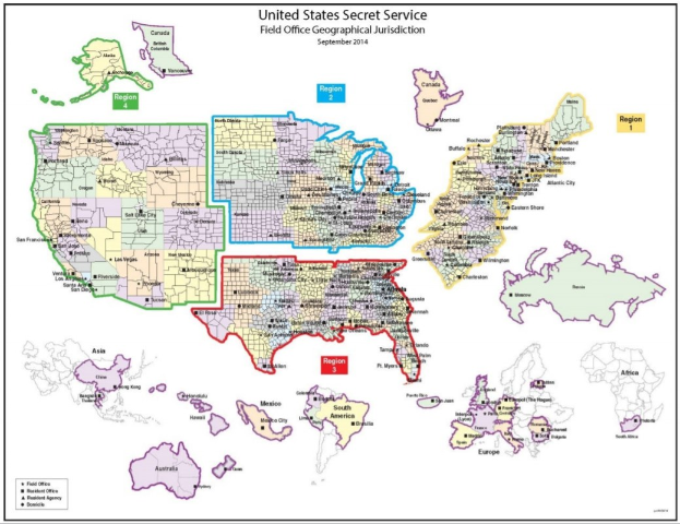 Eine Poster-Karte der Standorte des United States Secret Service mit nummerierten Regionen in blauen, grünen und gelben Tönen und schwarzen fetten Textlabels.