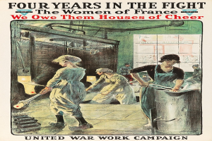 Ein Plakat mit vier entschlossenen Frauen in einer Reihe, mit dem Text "Wir schulden ihnen Häuser der Freude" oben, symbolisiert die Stärke und Resilienz der Frauen Frankreichs.