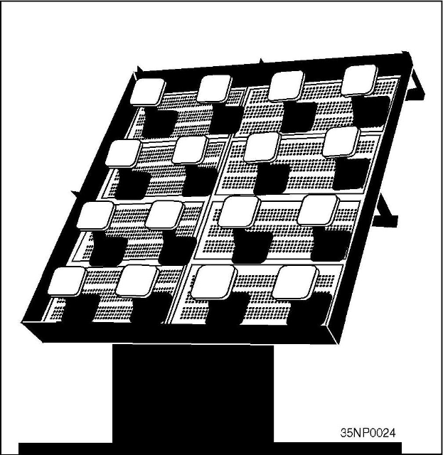 Schwarze und weiße Linienzeichnung eines rechteckigen Solarpanels mit einem Gittermuster auf einem weißen Hintergrund, beschriftet mit "Solarpanel" unten.