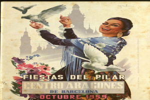Ein Plakat, das ein Festival in Barcelona, Spanien, bewirbt, mit einer Frau mit einem menschlichen Gesicht, umgeben von Vögeln und Blumen, mit Gebäuden im Hintergrund und Text.