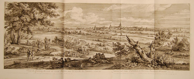 Offenes Buch mit der Aufschrift 'Ansicht der Schlacht von Castellum und Castellium aus der Illustrated London News', das eine Landschaft mit Menschen, Bäumen, Pflanzen, Gebäuden und Wolken zeigt.