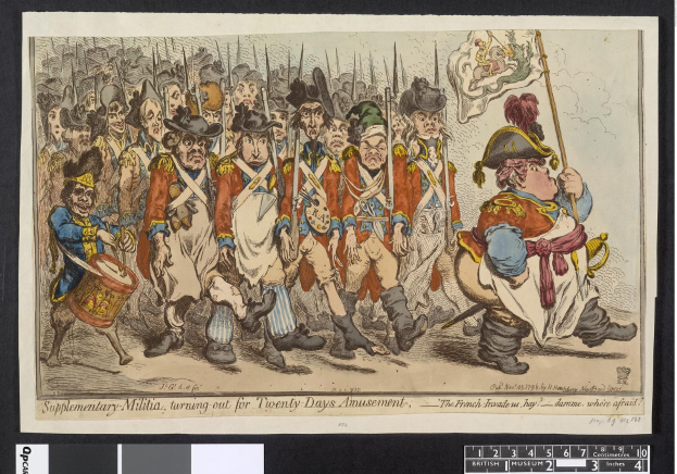 Gruppe von Männern in Militäruniformen marschiert die Straße entlang, einer hält einen Stock in der Hand, mit dem Text 'Ergänzende Miliz, zum 20-tägigen Vergnügen' unten.