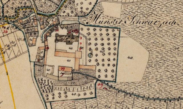 Ein detaillierter alter Stadtplan von München, Deutschland, mit Schwarzach in der Mitte, der Straßen, Gebäude und textuelle Informationen über die Größe, Lage und Geschichte der Stadt zeigt.