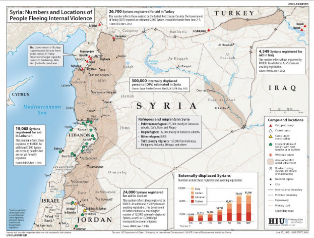 Ein Plakat mit einer Karte von Syrien mit Daten zu Binnenflüchtlingen aufgrund von Gewalt, begleitet von erklärendem Text und Diagrammen.