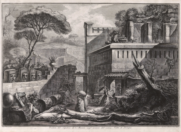 Eine Schwarzweiß-Gravur der Ruinen der antiken Stadt Ephesus, die ein Tempel, Menschen, Bäume, Pflanzen und andere Gegenstände im Vordergrund und einen Himmel im Hintergrund zeigt, sowie Text am unteren Rand.