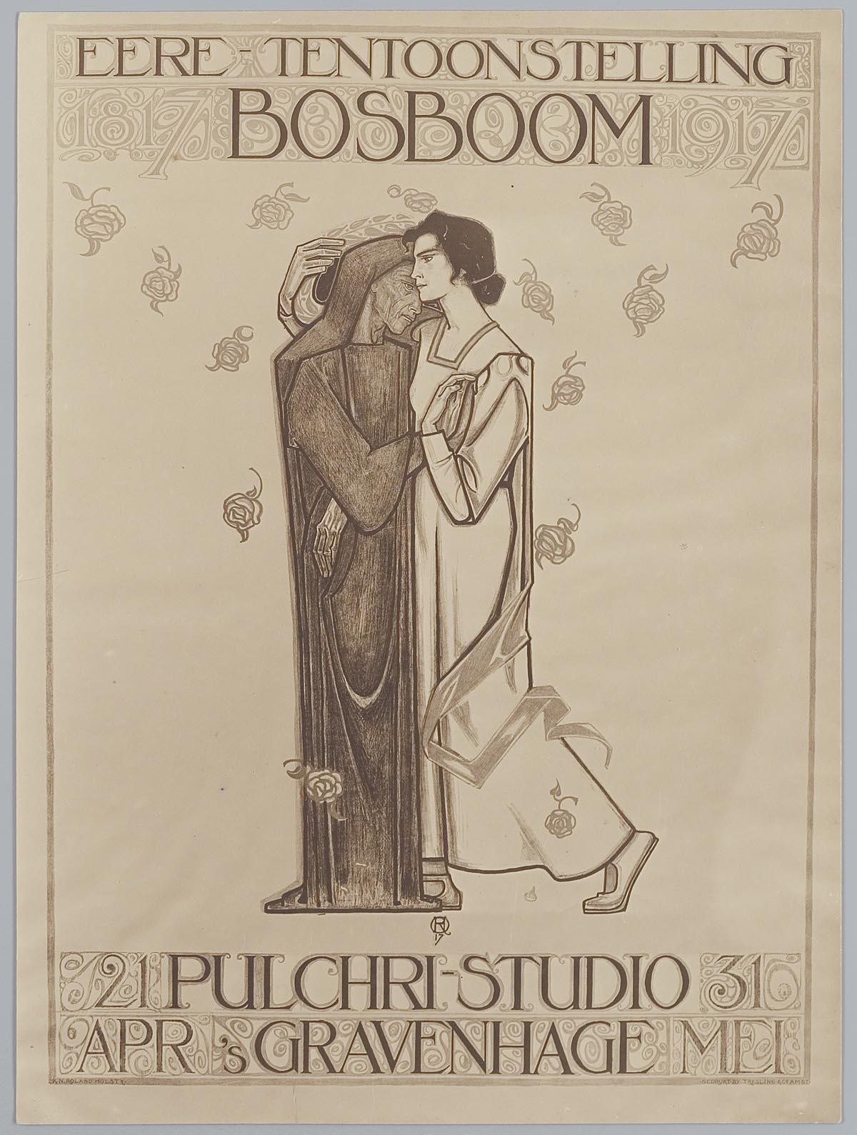 Ein Konzertplakat mit einem Mann im Anzug und einer Frau in einer Schürze, die Seite an Seite mit ernsten Gesichtern stehen, Text auf dem Plakat sichtbar.