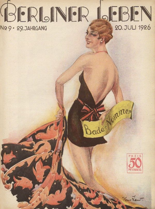 Titelbild der Berliner Leben Zeitschrift aus Juni 1926, das eine Frau in einem Badeanzug zeigt, die ein Tuch hält, mit dem Zeitschriftennamen darüber
