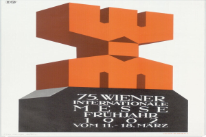 Plakat für die 75. Internationalen Messe Frühjahr in München, Deutschland, mit einer farbenfrohen zentralen Skulptur und Textdetails