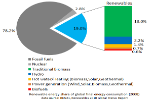 Eine Tortendiagrammdarstellung des globalen erneuerbaren Energieverbrauchs im Jahr 2008, unterteilt in Abschnitte für fossile Brennstoffe, Kernenergie, Wasser, Heißwasser, Heizung, Biomasse, Solarenergie, Geothermie und Biokraftstoffe, mit begleitendem Text, der weitere Dateninformationen bereitstellt.