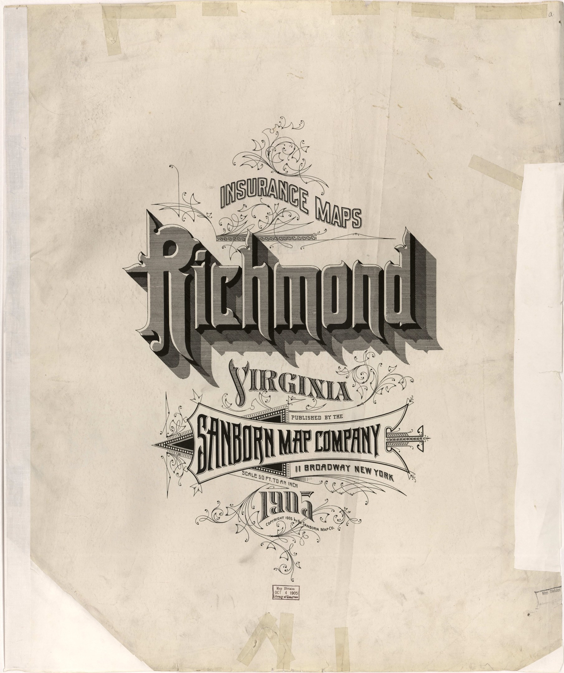 Ein Plakat mit 'Richmond Virginia Insurance Map Company' in fetter schwarzer Schrift auf einem weißen Hintergrund.