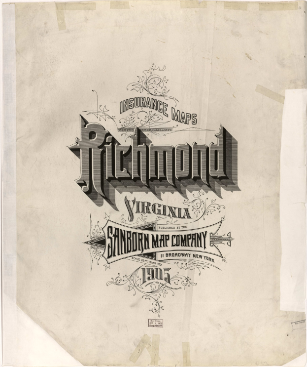Ein Plakat mit 'Richmond Virginia Insurance Map Company' in fetter schwarzer Schrift auf einem weißen Hintergrund.