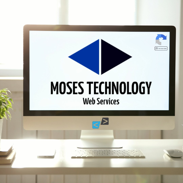 Bürocomputer auf einem Schreibtisch in der Nähe eines Fensters, auf dem Monitor "Moses Technology Web Services" angezeigt, mit Tastatur, Maus, Mobiltelefon, Büchern und einer Topfpflanze in der Nähe.