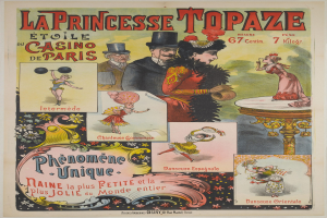 Buntes Plakat für den Casino 'La Princesse Topaze' in Paris, das fröhliche Menschen und fette Schrift in einem dekorativen Rahmen zeigt.