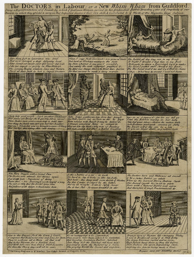 Ein Blatt mit Illustrationen und Text, das Ärzte bei der Arbeit oder einen neuen Wahn aus Guildford zeigt, darunter ein Arzt im Laborkittel, eine Krankenschwester in einem Kleid und ein Patient in einem Krankenhausbett.