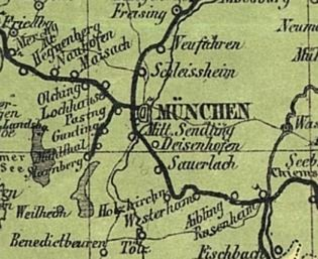 Detailierte alte Karte von München, Deutschland, mit Straßen, Gebäuden und Sehenswürdigkeiten sowie zusätzlichem Text zu Bevölkerung, Straßen und bemerkenswerten Orten.