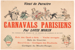 Ein Papier mit der Überschrift "Carnivals Parisiens par Louis Morin" in fetter Schrift, das farbenfrohe, detailreiche Entwürfe von Menschen in bunten Kostümen und Masken bei einer lebhaften KarnevalsSzene zeigt.