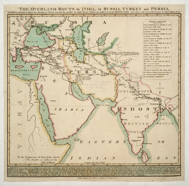 Eine detaillierte Landkarte auf Papier, die Überlandrouten nach Indien, Russland, Türkei und Persien zeigt, mit Ländern, Grenzen, wichtigen Städten, Gewässern und Routeninformationen.