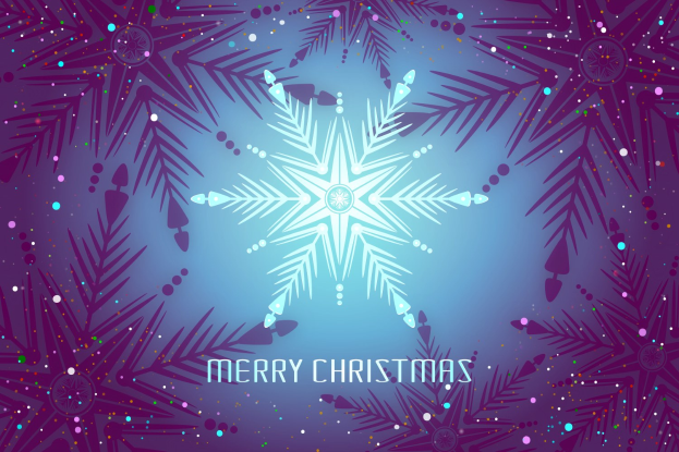 Eine Weihnachtskarte mit Schneeflocken auf einem lila Hintergrund, die festliche Designs und den Text "Frohe Weihnachten" in der Mitte zeigt.