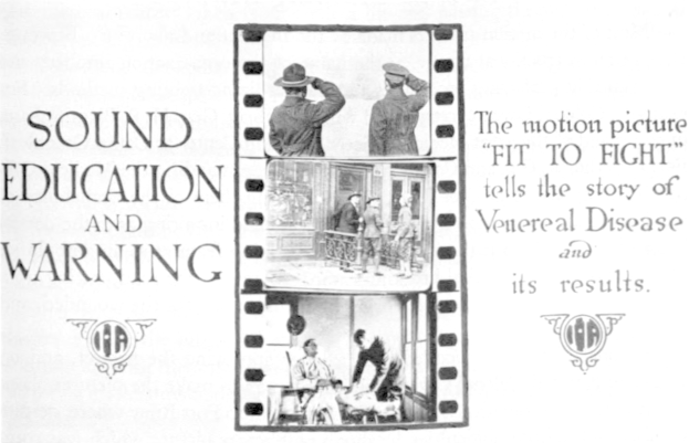 Schwarzes und weißes Plakat mit einer Gruppe von verstörten Menschen in einem Raum, das den Text "Sound Education and Warning" oben enthält.