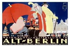Plakatankündigung einer Weihnachtsausstellung in altem Berlin mit leuchtenden Illustrationen von Menschen und Gebäuden und dem Text "Weihnachtsausstellung in Alt-Berlin" oben drauf.