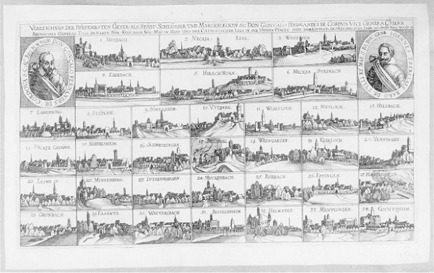 Schwarz-weiß-Zeichnung von Köln, Deutschland, mit zahlreichen Gebäuden, begleitet von historischen Bildern und Text auf demselben Papier.