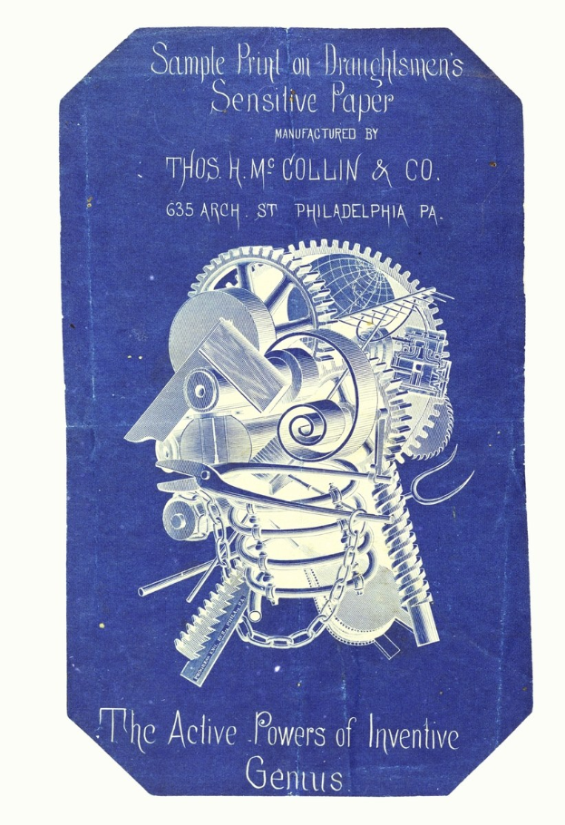 Ein blaues Buch mit dem Titel "Die aktiven Kräfte des erfinderischen Genies" mit einem weißen Cover, das ein Mannsgesicht in weißer Schrift zeigt.