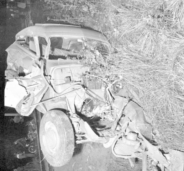 Stark beschädigter schwarzer Wagen am Straßenrand mit eingedellter Front und zersplitterten Fenstern, Baum im Hintergrund.