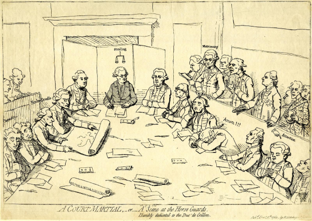 Gerichtssaal-Szene mit Anwälten um einen langen Tisch mit Dokumenten und Gegenständen, mit Text unten.