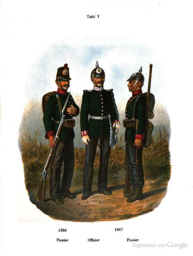 Drei uniformierte Männer in Helmen mit Gewehren stehend neben Vegetation, mit Text 'Tafel V, 1857' unten.