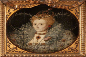 Porträt der Queen Elizabeth I. von England in einem weißen Kleid mit blauer Schärpe, die eine Krone trägt und ihre Hände vor sich hält, gemalt im realistischen Stil mit leuchtenden Farben und detaillierten Details.