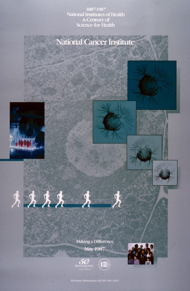 Hellbuntes Plakat für das National Cancer Institute mit einem blauen Hintergrund, fetter weißer Schrift, die "National Cancer Institute" lautet, und überlappenden kreisförmigen Bildern von strahlenden Menschen verschiedenen Alters, Geschlechts und Ethnien.
