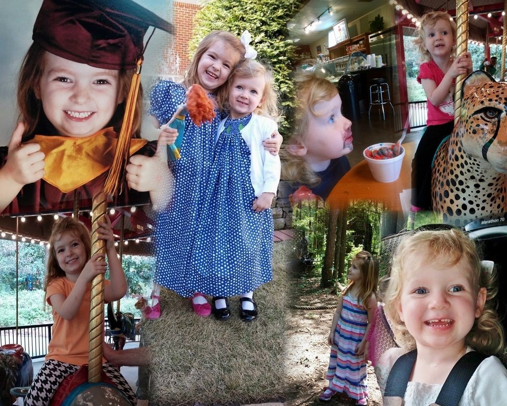 Collage mit lustigen Fahrgeschäften, Kindern, einem Tisch mit Speisen, Besteck, Lichtern, Außenbereichen wie Büschen, Bäumen, Gras, einem Seil und einer Mütze.