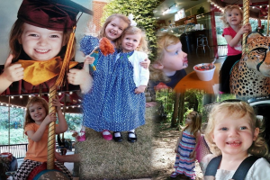 Collage mit lustigen Fahrgeschäften, Kindern, einem Tisch mit Speisen, Besteck, Lichtern, Außenbereichen wie Büschen, Bäumen, Gras, einem Seil und einer Mütze.