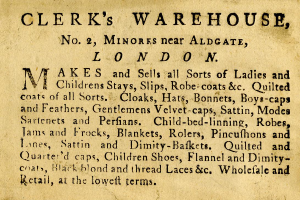 Eine alte Werbung für Clerk's Warehouse, das sich in der Nähe von Aldgate Nr. 2 Minores in London befand.