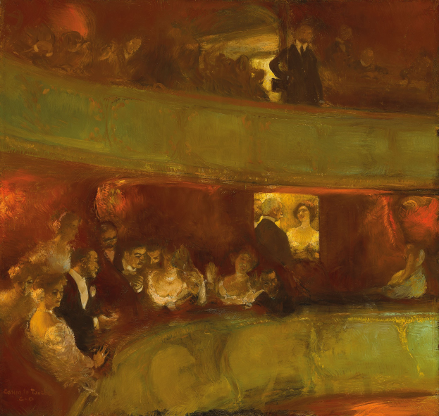 Gemälde einer vielseitigen Gruppe von formell gekleideten Menschen in einem hell erleuchteten Theater, einige stehend und einige sitzend, mit neutralfarbenen Wänden und einer lebhaften Atmosphäre.