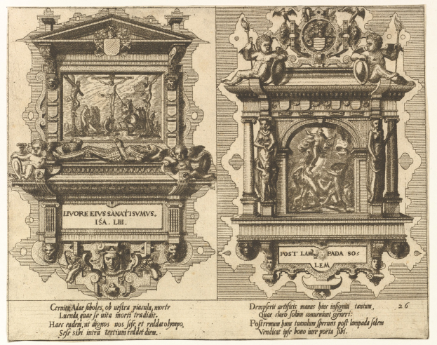 Zwei detaillierte Skulpturen, die auf Papier dargestellt sind, mit begleitendem fettem Text.