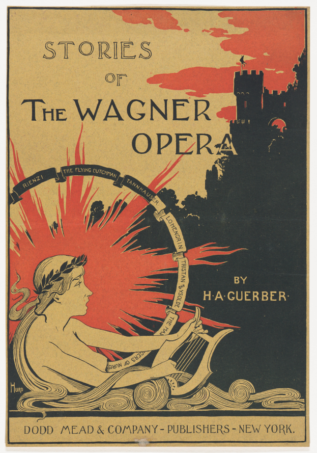 Ein Vintage-Plakat mit einer Frau in einem weißen Kleid, die eine Harfe spielt, mit dem Text "Geschichten der Wagner-Oper" oben drauf, ein Mikrofon in der Hand und einer Menge im Hintergrund.