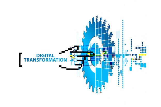 Digitalisierung-Logo mit 'Digitalisierung' Text in der Mitte auf einem weißen Hintergrund, mit einem lebhaften Design aus blauen, schwarzen und gelben Punkten.