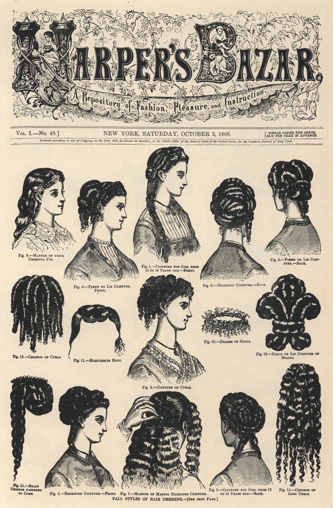 Schwarz-weiß-Bilder von Frauen mit verschiedenen Hairstyles aus Harper's Bazaar, begleitet von Text.