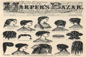 Schwarz-weiß-Bilder von Frauen mit verschiedenen Hairstyles aus Harper's Bazaar, begleitet von Text.