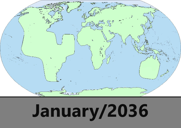 Ein blauer und grünter Globus mit dem Text "Januar 2036" darauf vor einem weißen Hintergrund.