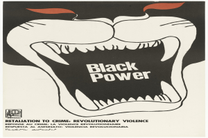 Ein Plakat mit einem schwarzen Power-Logo, einem schwarzen Kreis mit weißer Umrandung und einem weißen Buchstaben 'P' in der Mitte sowie einer fetten Schrift, die 'Rache für Verbrechen, revolutionäre Gewalt' fordert.