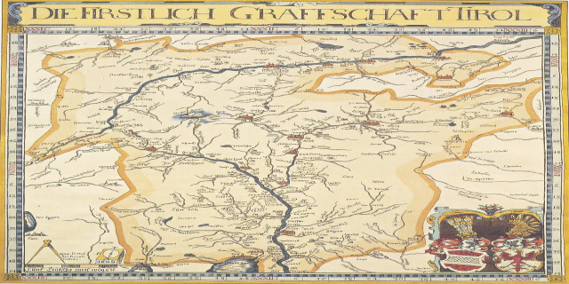 Ein detaillierter Plan der ersten deutschen Grafschaft Tirol, der geographische Elemente wie Flüsse, Berge und Städte enthält und von informativem Text und Bildern begleitet wird.