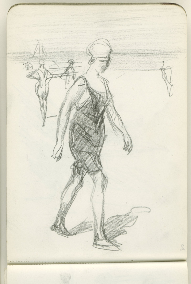 Eine Skizze einer Frau in einem langärmligen Kleid mit einem hohen Kragen, die am Strand bei Sonnenuntergang geht.