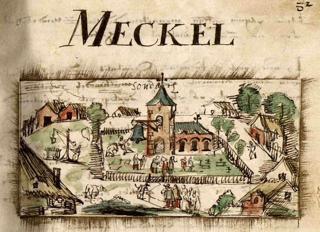 Ein abgenutztes Buch mit einer Illustration einer mittelalterlichen Stadt, einschließlich Häusern, Bäumen und Menschen, neben beschreibendem Text.