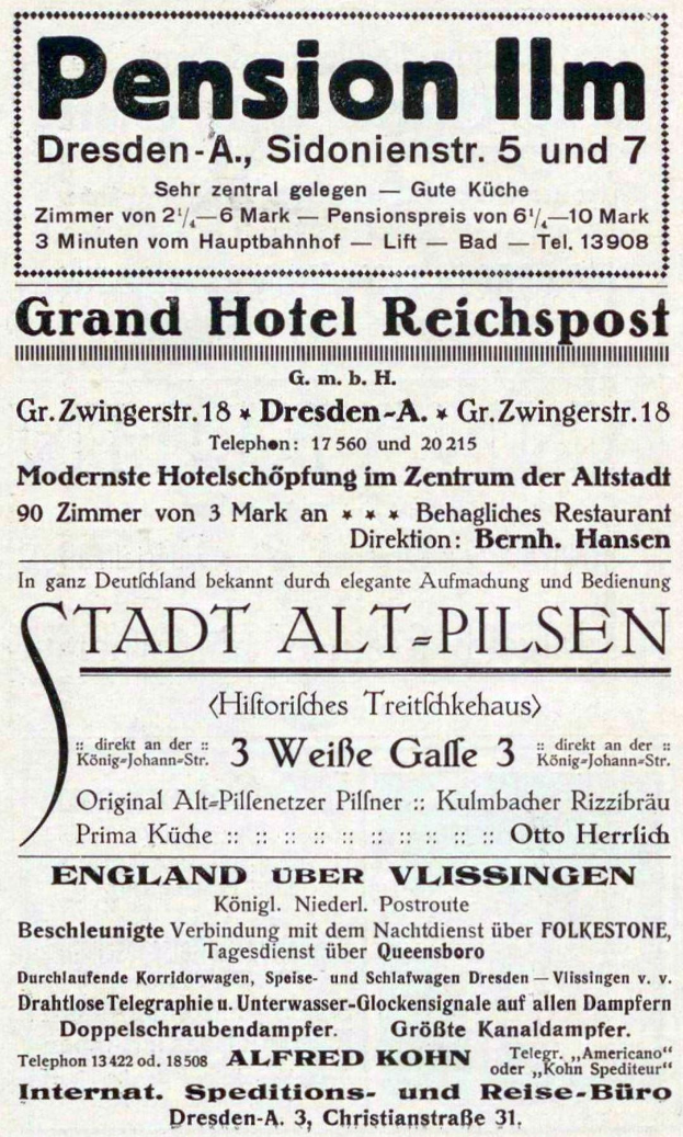 Schwarze und weiße Anzeige für eine Pension in Dresden, Deutschland, gedruckt im Stil alter Zeitungen.