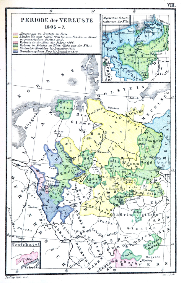Eine bunte Karte Deutschlands während der Verluste-Zeit, mit Regionen in verschiedenen Farben dargestellt und begleitet von Texten, die Städte, Ortschaften und geografische Merkmale beschreiben.