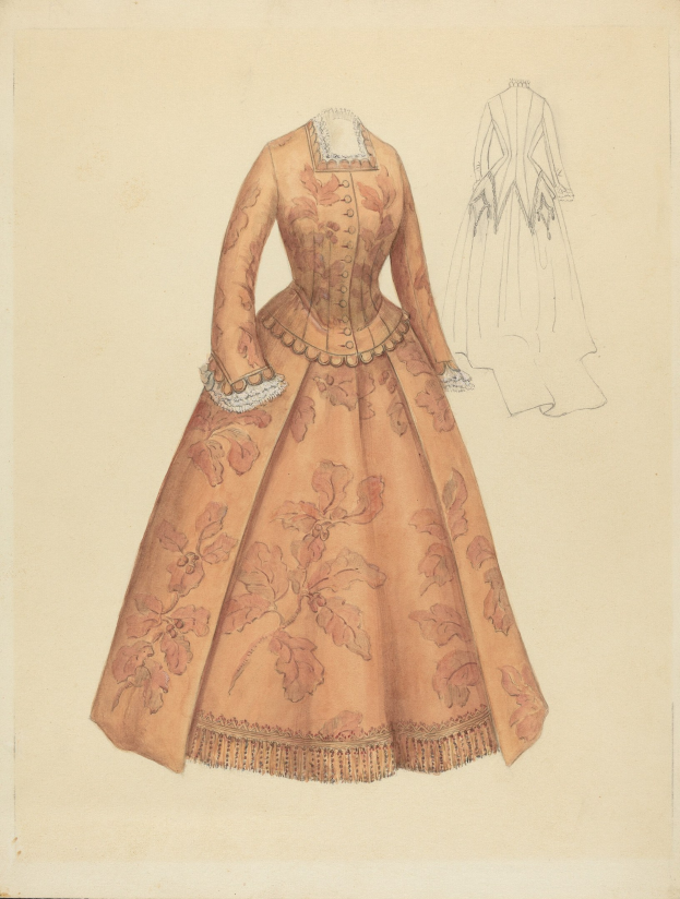Ausführliches 18. Jahrhundert Kostümdesign Drawing einer bodenlangen Robe mit hohem Halsausschnitt, floral gemustertem Oberteil in Rosa, Lila und Blau und einem Spitzenbesatz am Rock.