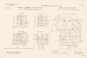 Ein detaillierter Grundrissplan des ehemaligen Bundeskanzleramts in der Bundesrepublik Deutschland, der architektonische Layouts und Textanmerkungen zeigt.